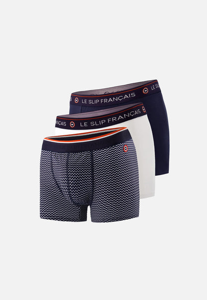 Lot de 3 boxers en coton - Boxers Chevron Marine Blanc
