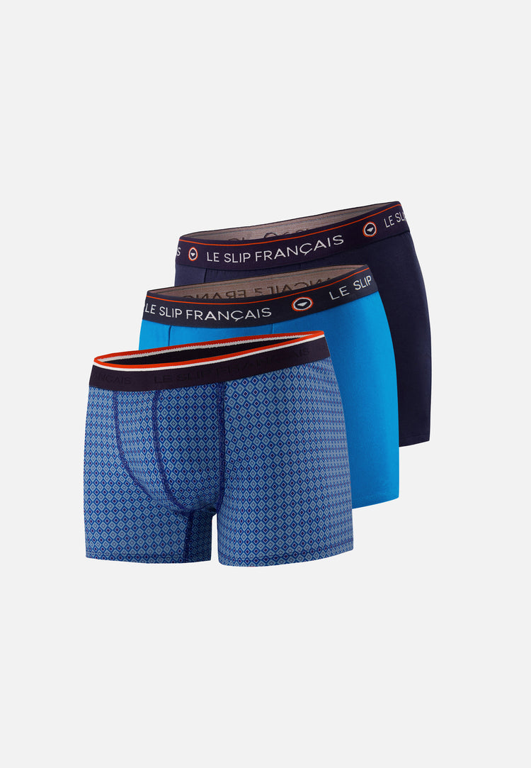 Pack of 3 cotton boxers - Redoutable Navy Blue Turquoise Marius Harlequin Washed Denim Boxer Trio - Le Slip Français - 1