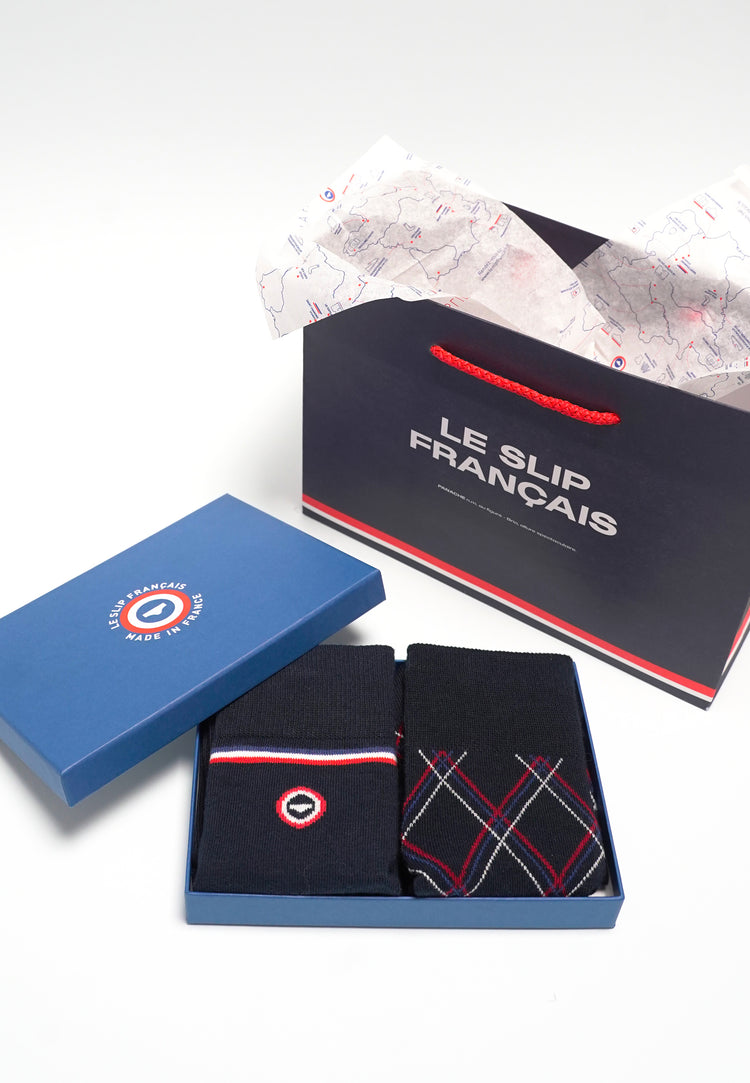 Coffret de chaussettes en coton - Coffret Lucas Tartan Marine et Drapeau Marine - Le Slip Français - 1