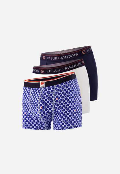Lot de 3 boxers en coton - Boxers XV de France Damier Indigo Blanc Marine