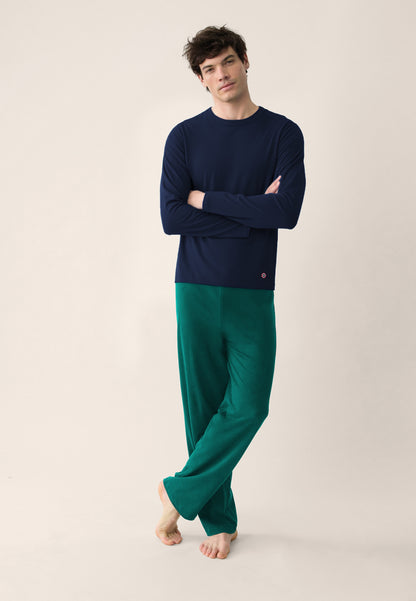 Navy blue top and fir green cotton pants pajama set - Superb long-sleeved navy top pajamas and untamed long fir green pajama bottoms
