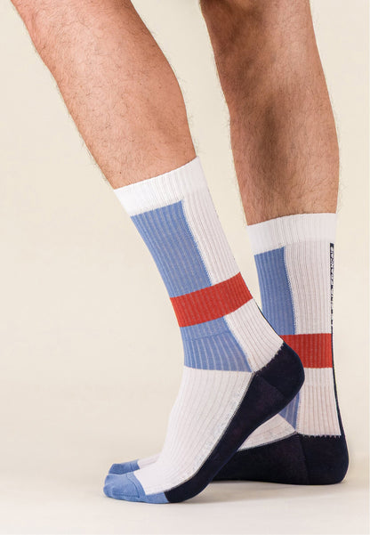 Lot de 2 chaussettes mi-hautes en coton - Chaussettes Mondrian Bleu Jean Brique Laser Marine Brique