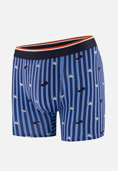 Boxer long à motif rayure coq bleu acier en coton - Michel Rayure Coq Bleu Acier