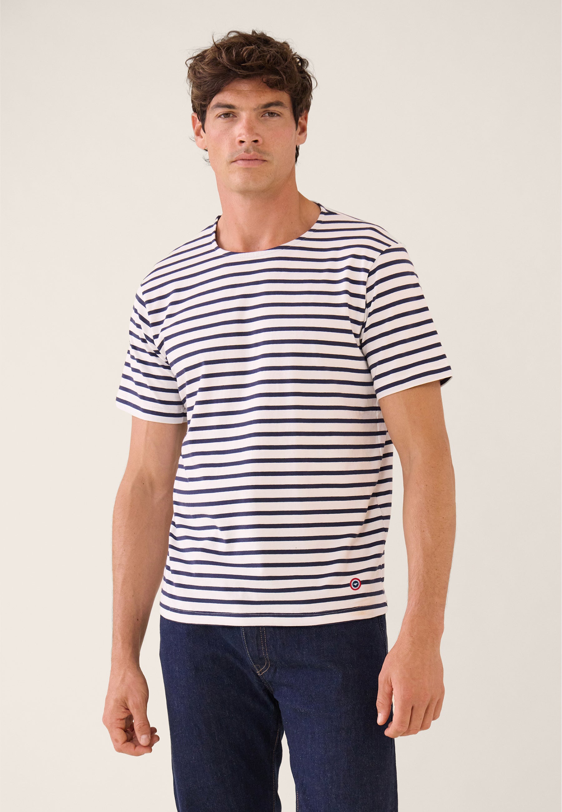 Men's navy blue striped T-shirt with short sleeves - Charly Mariniere Marine