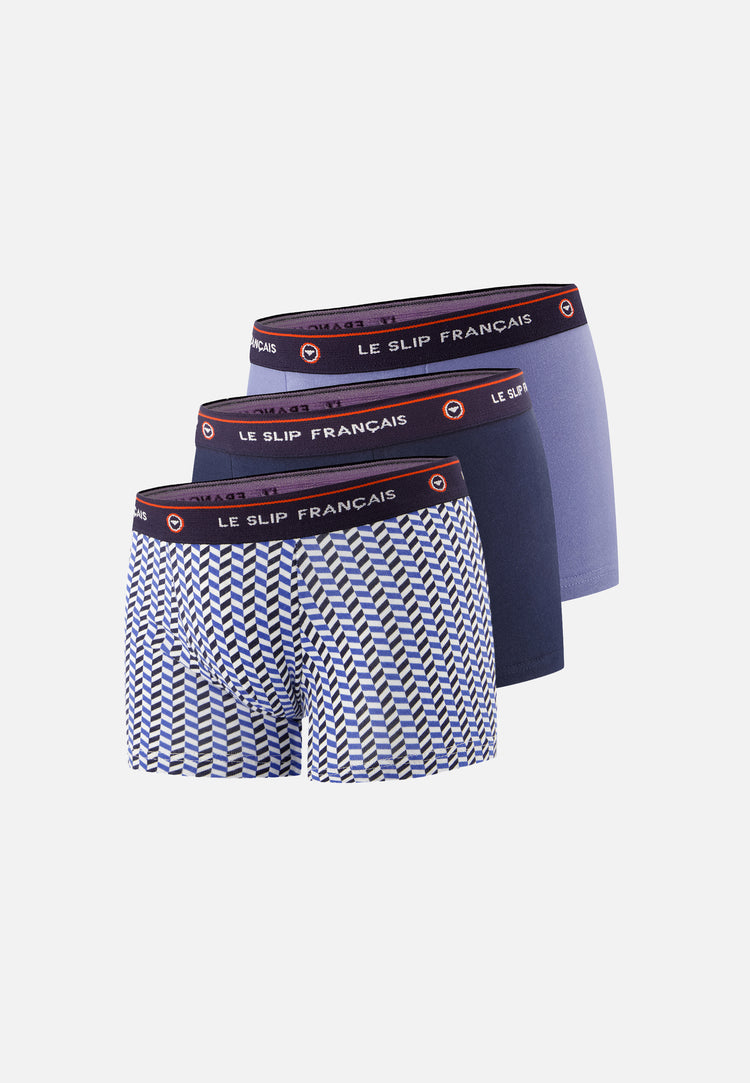 Lot de 3 boxers en coton - Trio de Boxers Petit Joseph Chevron Bleu Poussière Bleu Jean Marine - Le Slip Français - 1