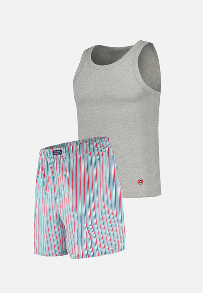 Cotton tank top and shorts pyjama set - Fulminant grey sleeveless pyjama top and Jacquot Stripes Mattress Pink short pyjama bottoms