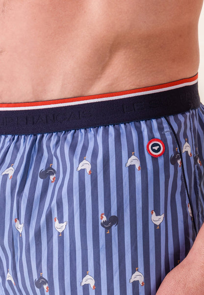 Bas de pyjama long à motif rayure coq bleu acier en coton - Bastien Rayure Coq Bleu Acier