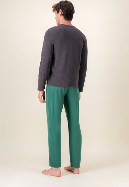 Ensemble pyjama haut gris anthracite et pantalon vert en coton - Pyjama Haut Manches Longues Superbe Gris Et Bas De Pyjama Long Indomptable Vert