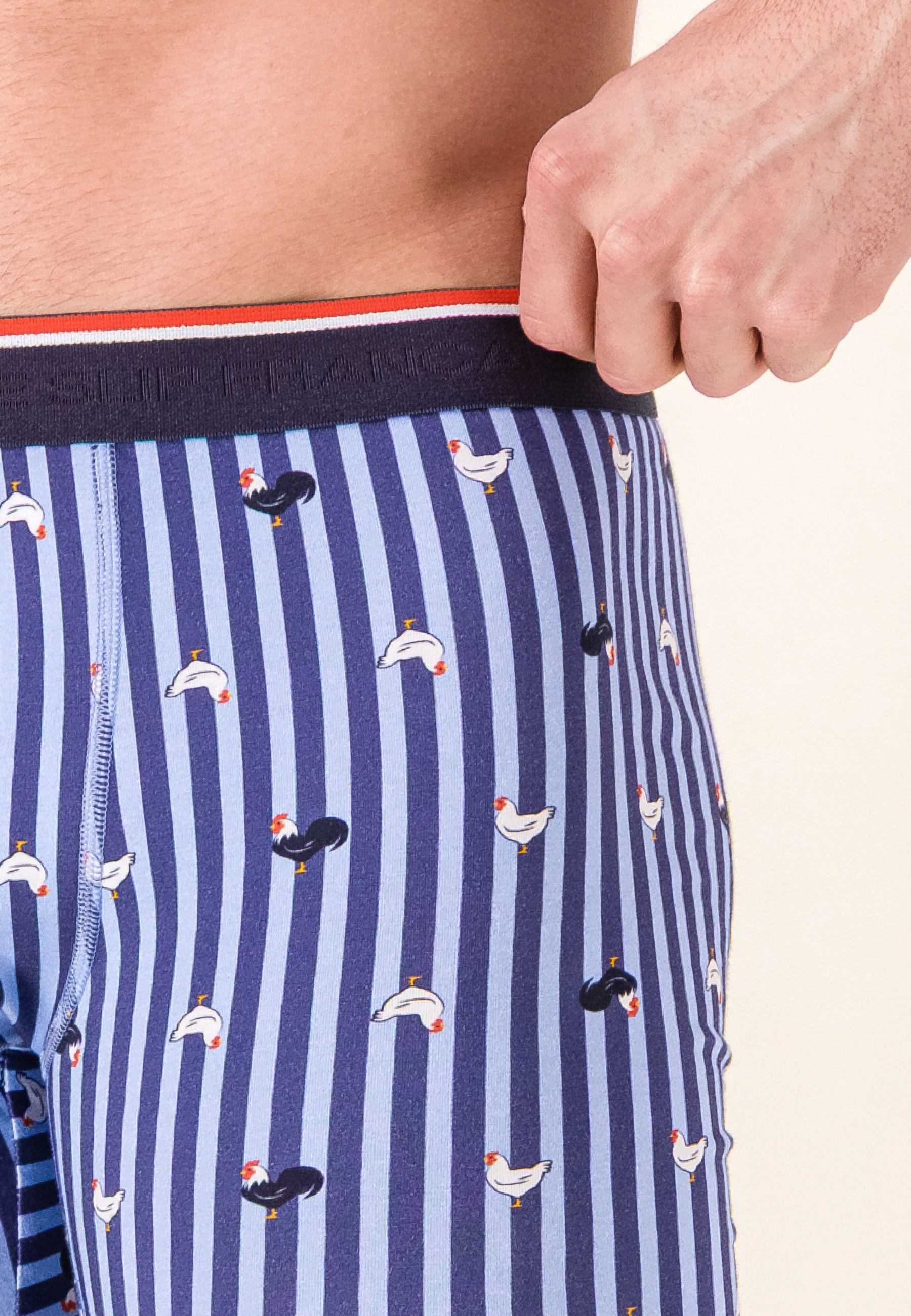 Lot de 3 boxers longs en coton - Boxers Longs Rayures Coq Bleu Ciel Chiné Marine