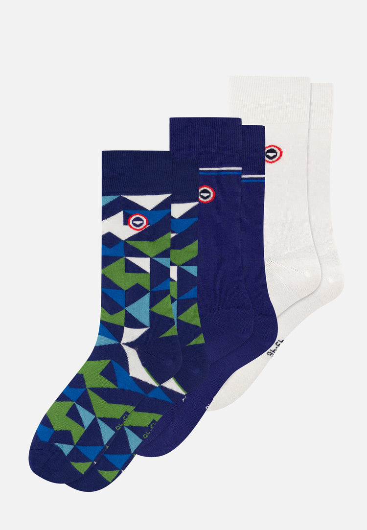 Lot de 3 chaussettes mi-hautes en coton - Chaussettes Ligne Indigo Mosaïque Indigo Blanc - Le Slip Français - 1