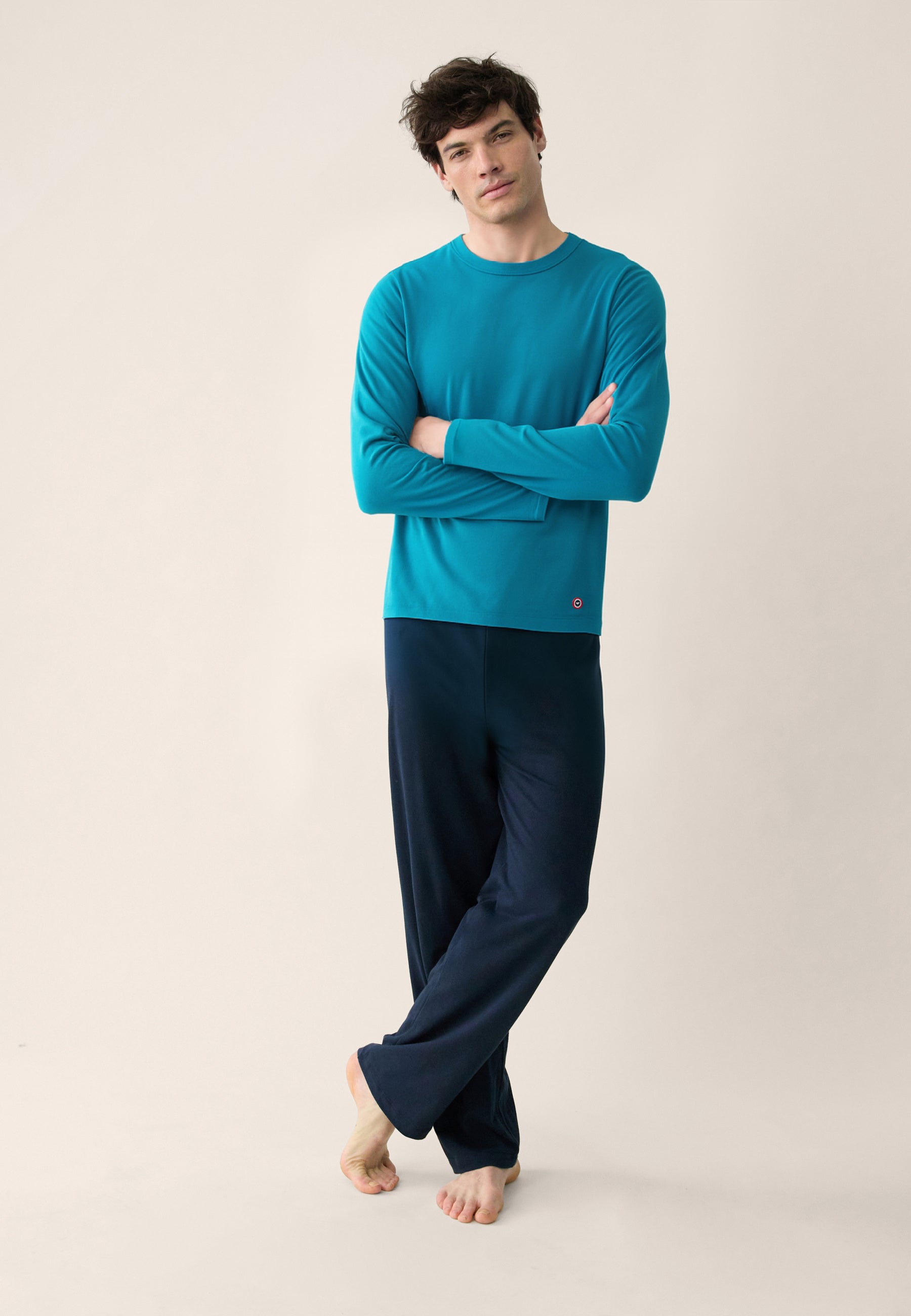 Cotton T-shirt and Pants Pajama Set - Superb Indomitable Topaz Navy Pajama Set
