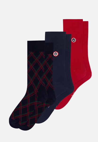Lot de 3 chaussettes mi-hautes en coton - Chaussettes Marine Tartan Vert Sapin Rouge Cerise