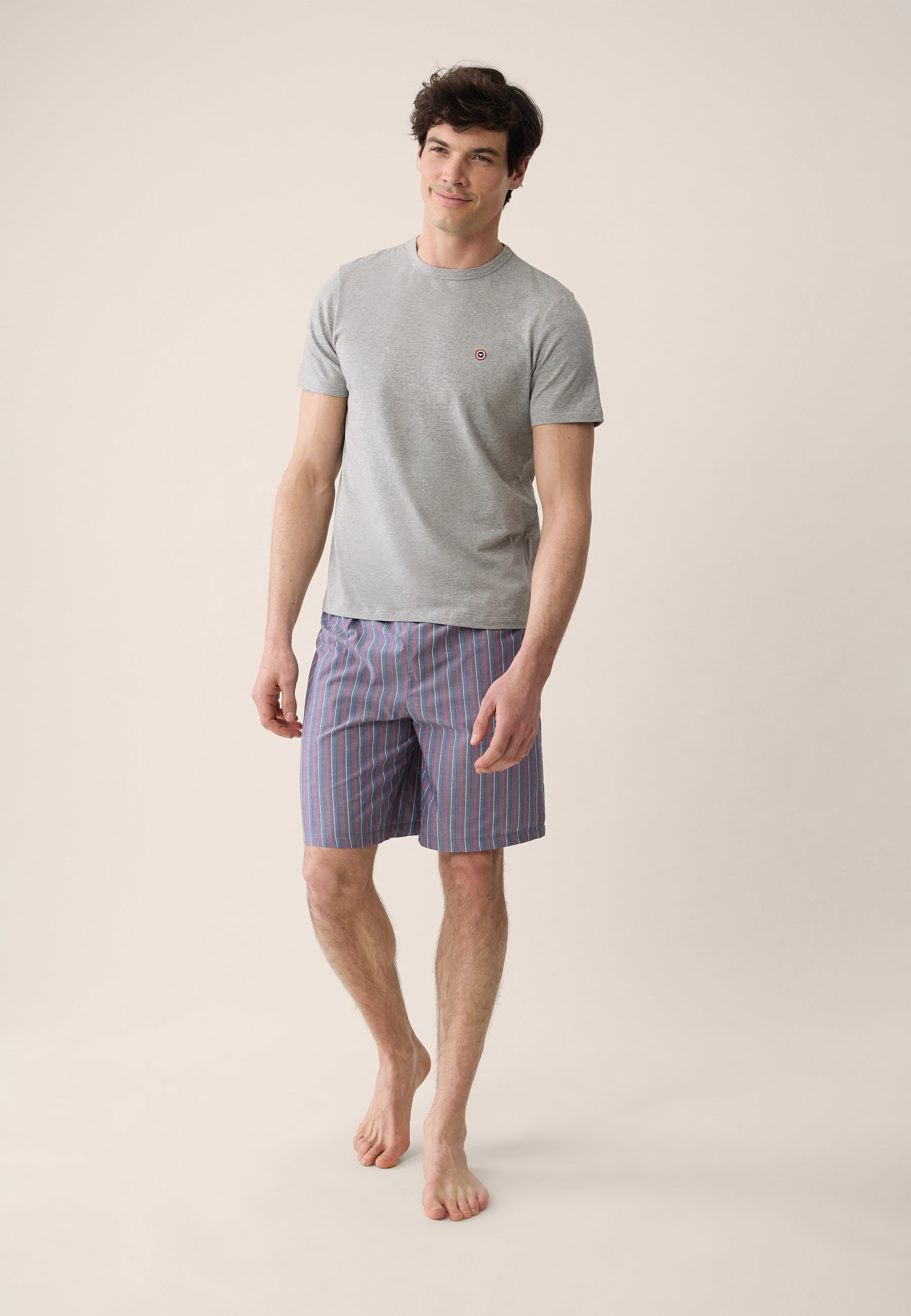 Heather gray cotton top and shorts pajama set - Tristan pajamas Heather gray short-sleeved top and tricolor striped short pajama bottoms