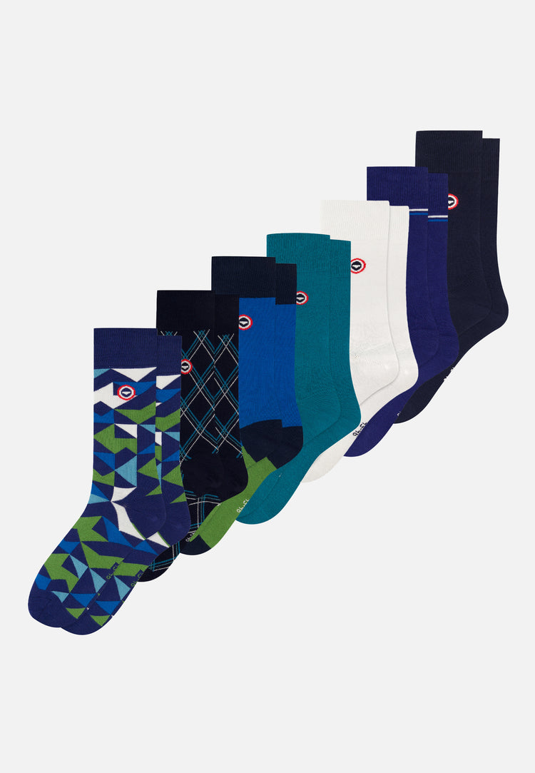 Lot de 7 chaussettes mi-hautes en coton - Chaussettes Topaz Tartan Topaz Blanc Mosaïque Ligne Indigo Bloc Bleu Turquoise Mint Green Marine - Le Slip Français - 1