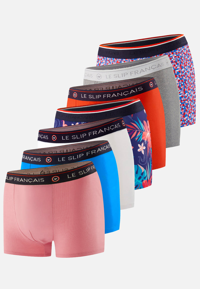 le slip français Sept boxers en coton Pack Semainier Boxer Redoutable Rose des Bois Blanc Argile Rouge Bleu Fluo Gris Chiné Marius Hawaï Cami Bleu Fluo