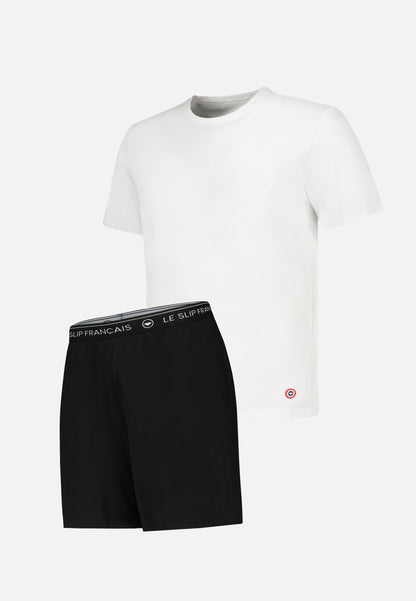 White top and black shorts cotton pajama set - Terrific short sleeve pajamas in white and invincible short pajama bottoms in black