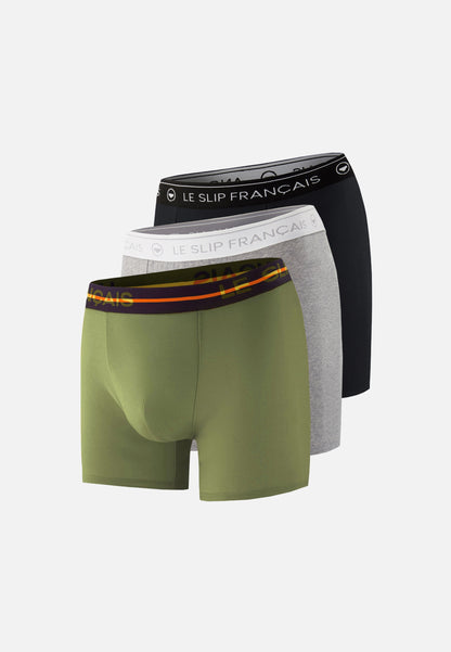 Lot de 3 boxers longs en coton - Boxers Longs Noir Kaki Veronese Gris Chiné