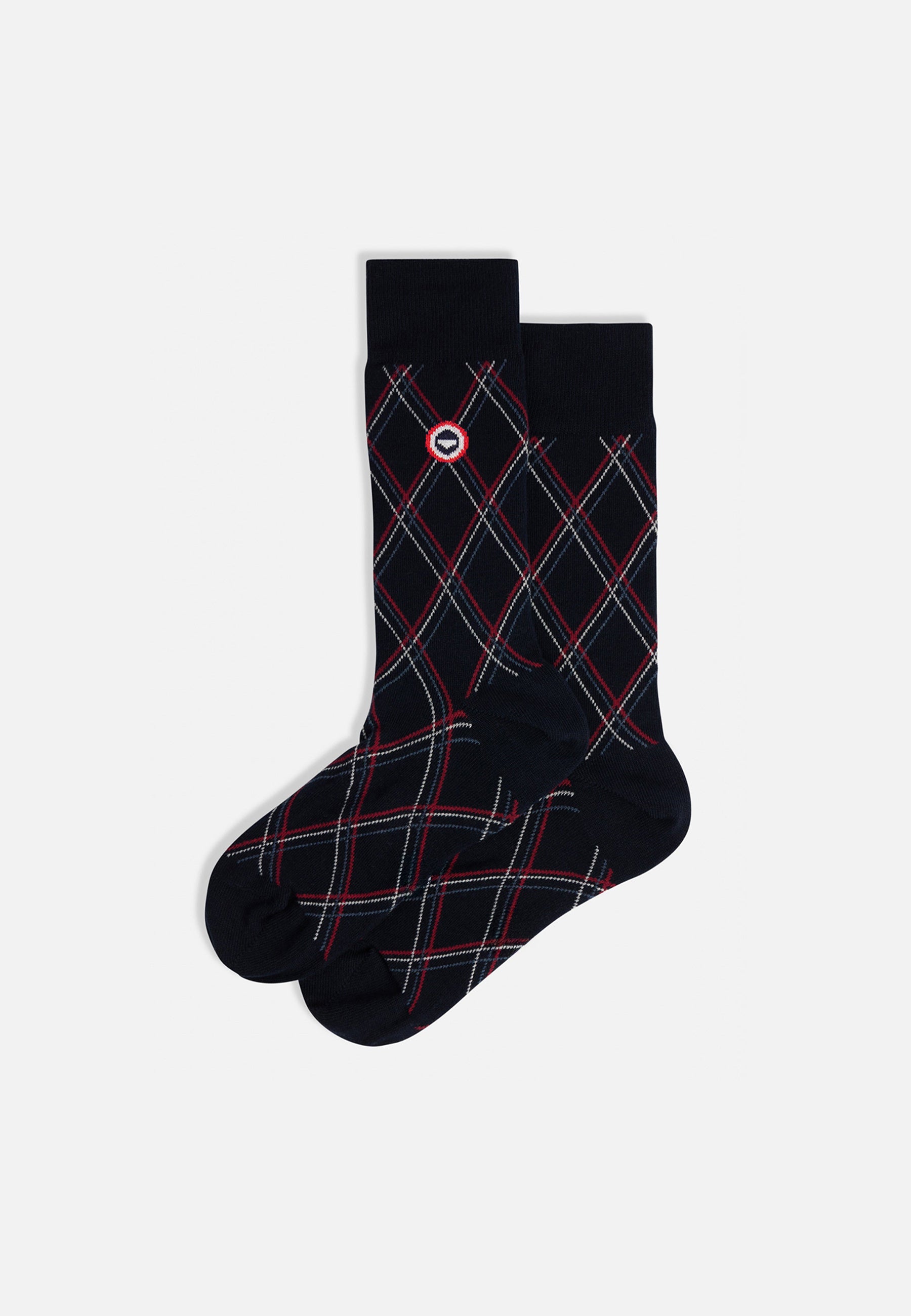 Chaussettes mi-hautes bleu marine à carreaux fantaisie - Lucas Carreaux Marine