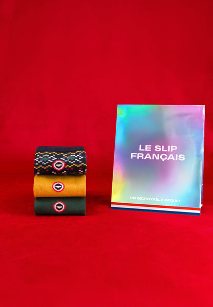 Pack of 3 mid-calf cotton socks - Half Block Socks Fir Green Snowflake