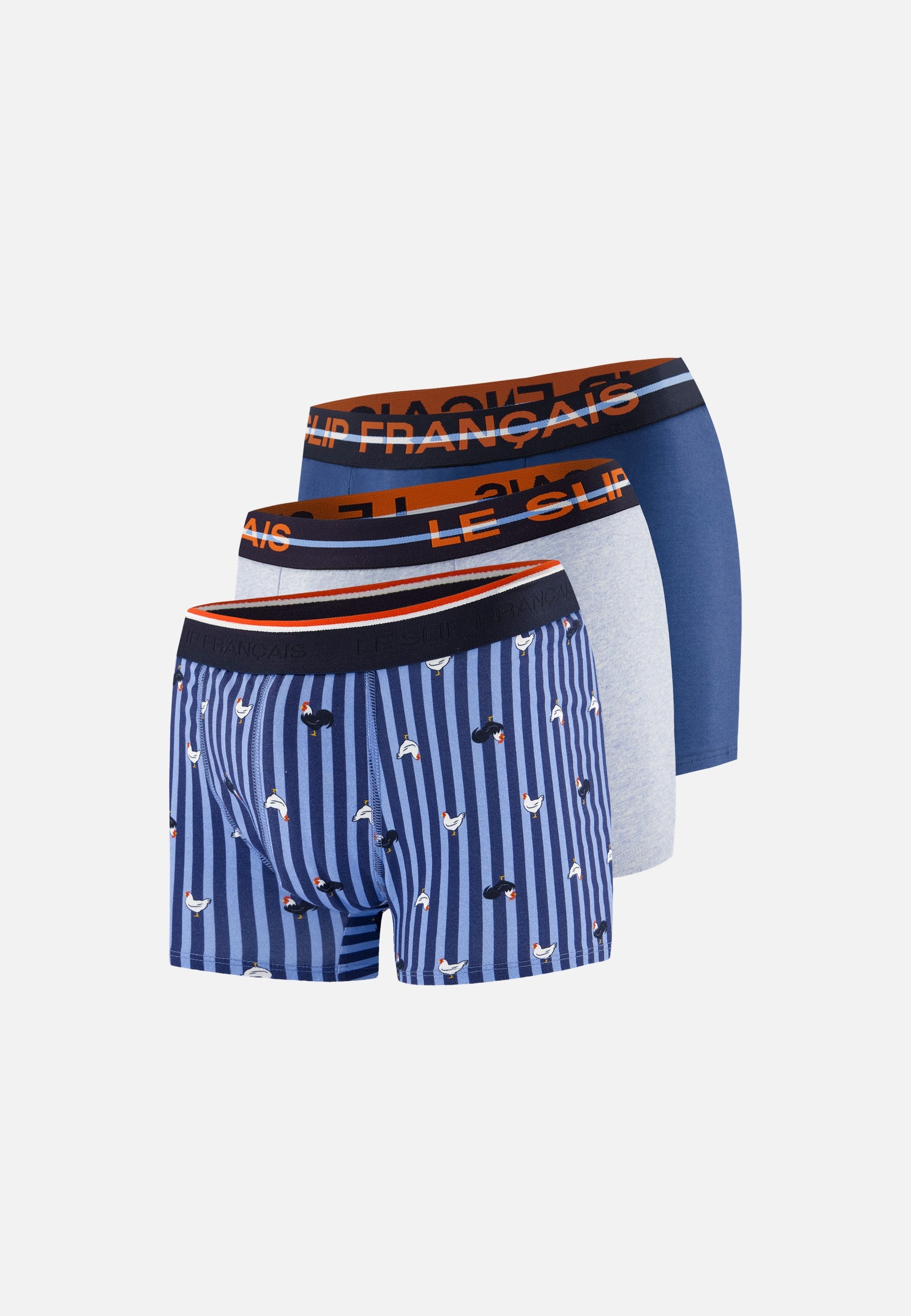 Lot de 3 boxers en coton - Boxers Rayures Coq Bleu Acier Bleu Ciel Chiné Bleu Acier