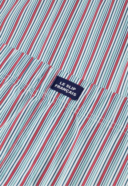 Cotton pyjama set (top and shorts) - Great short-sleeved pyjama top in Teal Blue and short pyjama bottoms in jacquot stripes, Mattress Pink Cherry