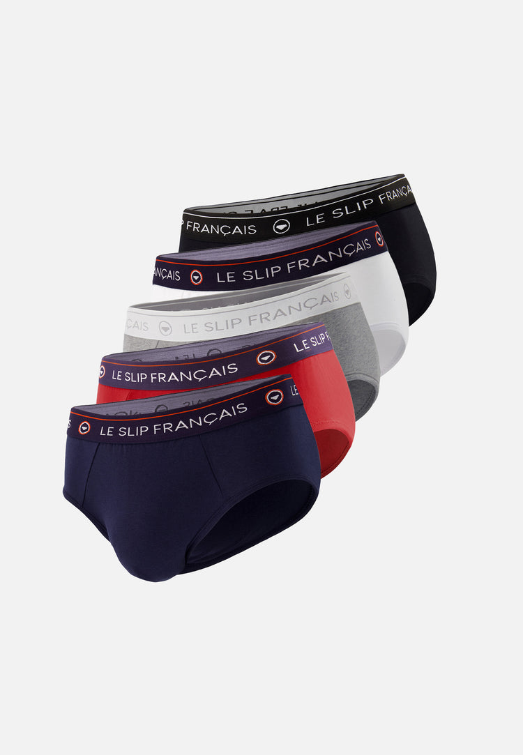 Pack Cinquo Brief Intrepide Navy White Cherry Red Heather Gray Black - Le Slip Français - 1