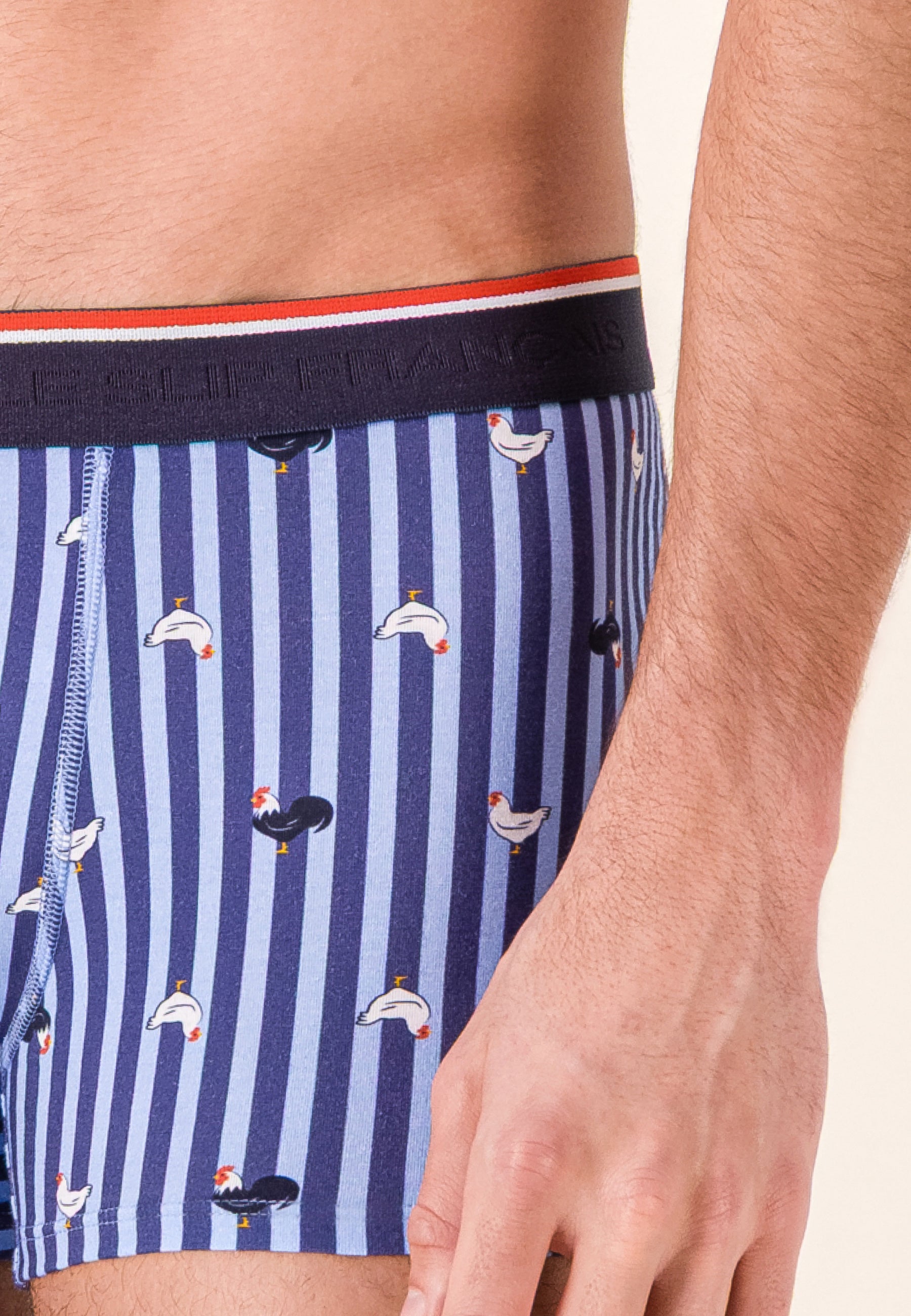 Boxer à motif rayure coq bleu acier en coton - Marius Rayure Coq Bleu Acier