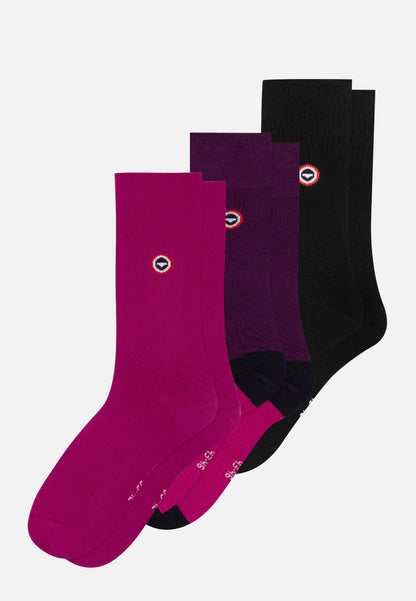 Set of 3 mid-calf cotton socks - Fuchsia Demibloc Plum Fuchsia Black Socks