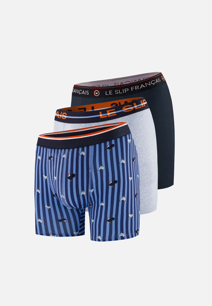 Lot de 3 boxers longs en coton - Boxers Longs Rayures Coq Bleu Ciel Chiné Marine