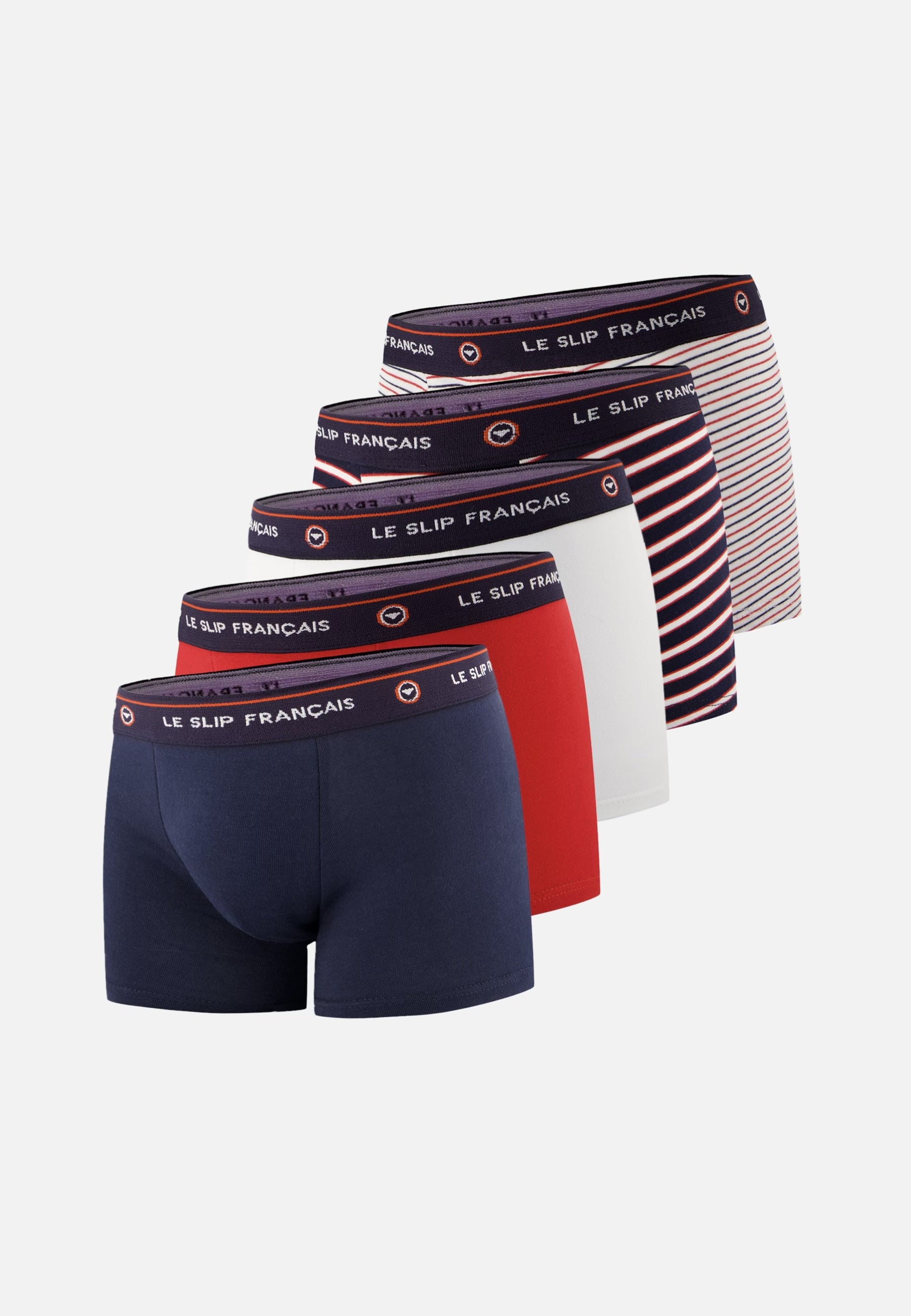 Lot de 5 boxers enfant en coton - Boxers Marine Rouge Cerise Rayures Blanc