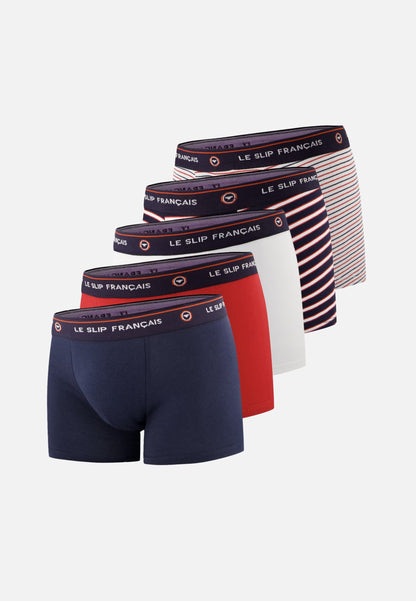 Lot de 5 boxers enfant en coton - Boxers Marine Rouge Cerise Rayures Blanc