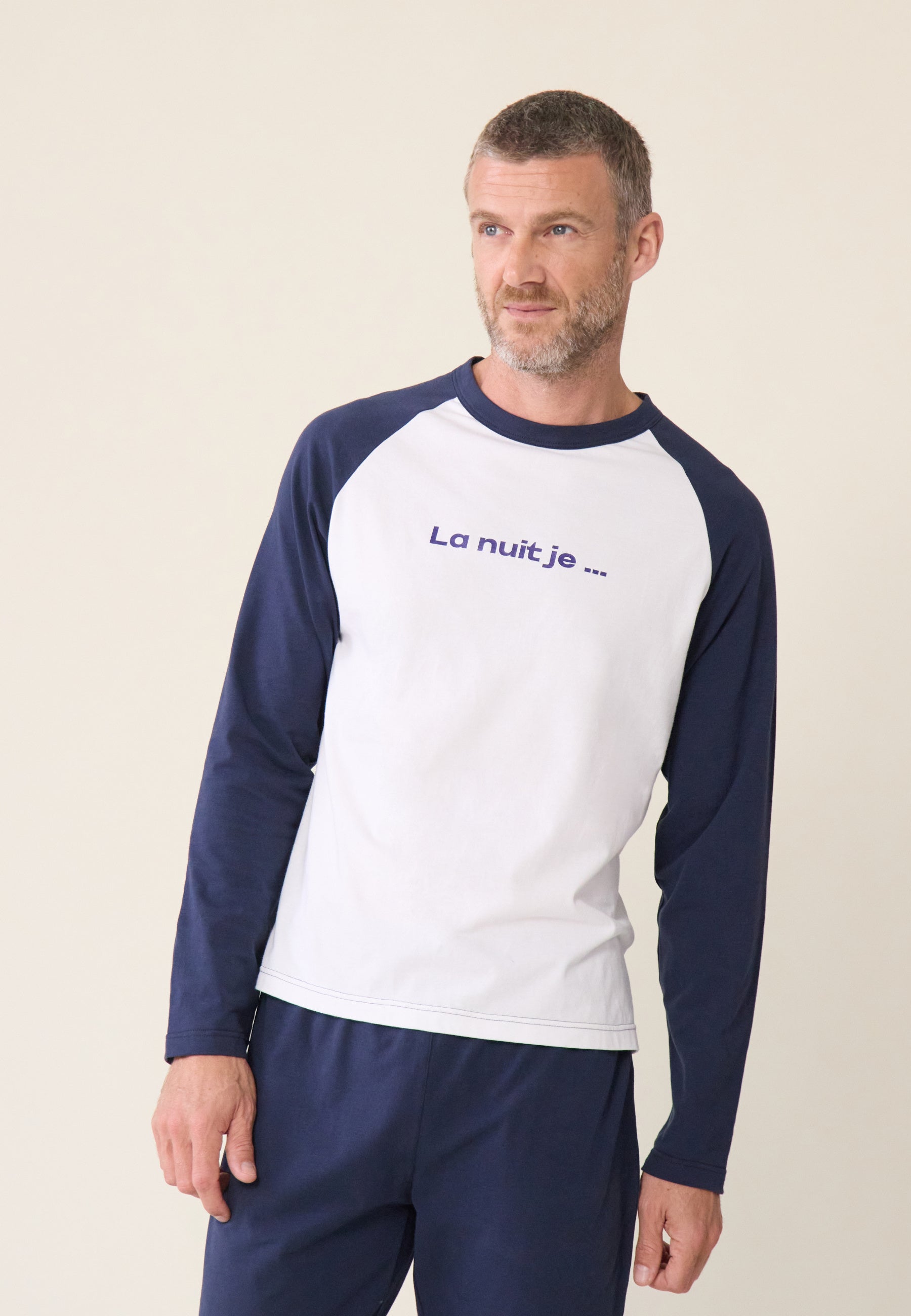 Blue cotton top and pants pajama set - Nathan pajamas, long sleeve top in white and long pajama bottoms in navy