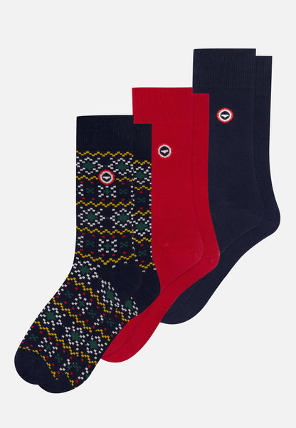 Lot de 3 chaussettes mi-hautes en coton - Chaussettes Flocon Marine Rouge Cerise