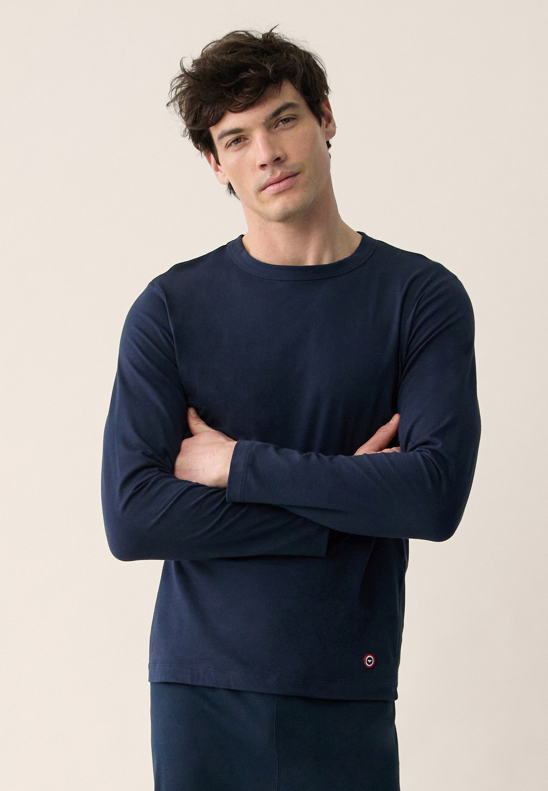 Men's Navy Blue Long Sleeve Cotton T-Shirt - Superb Navy
