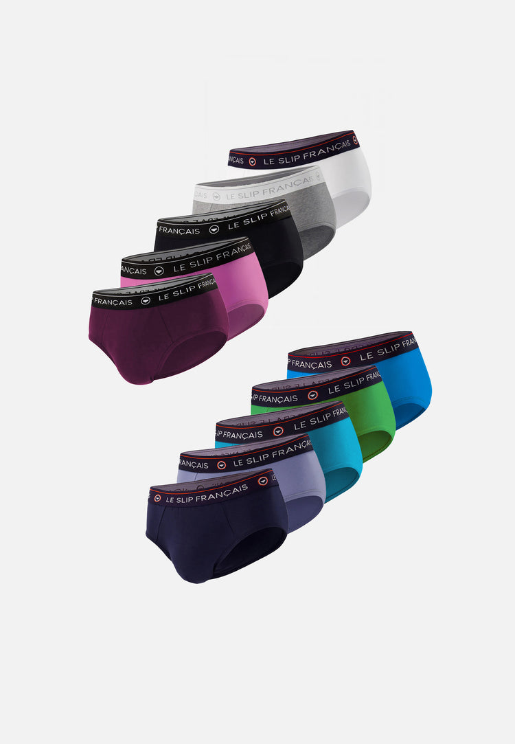 Lot de 10 slips en coton - Slips Prune Fuchsia Noir Gris Chiné Topaz Mint Green Bleu Turquoise Blanc Marine Bleu Jean - Le Slip Français - 1