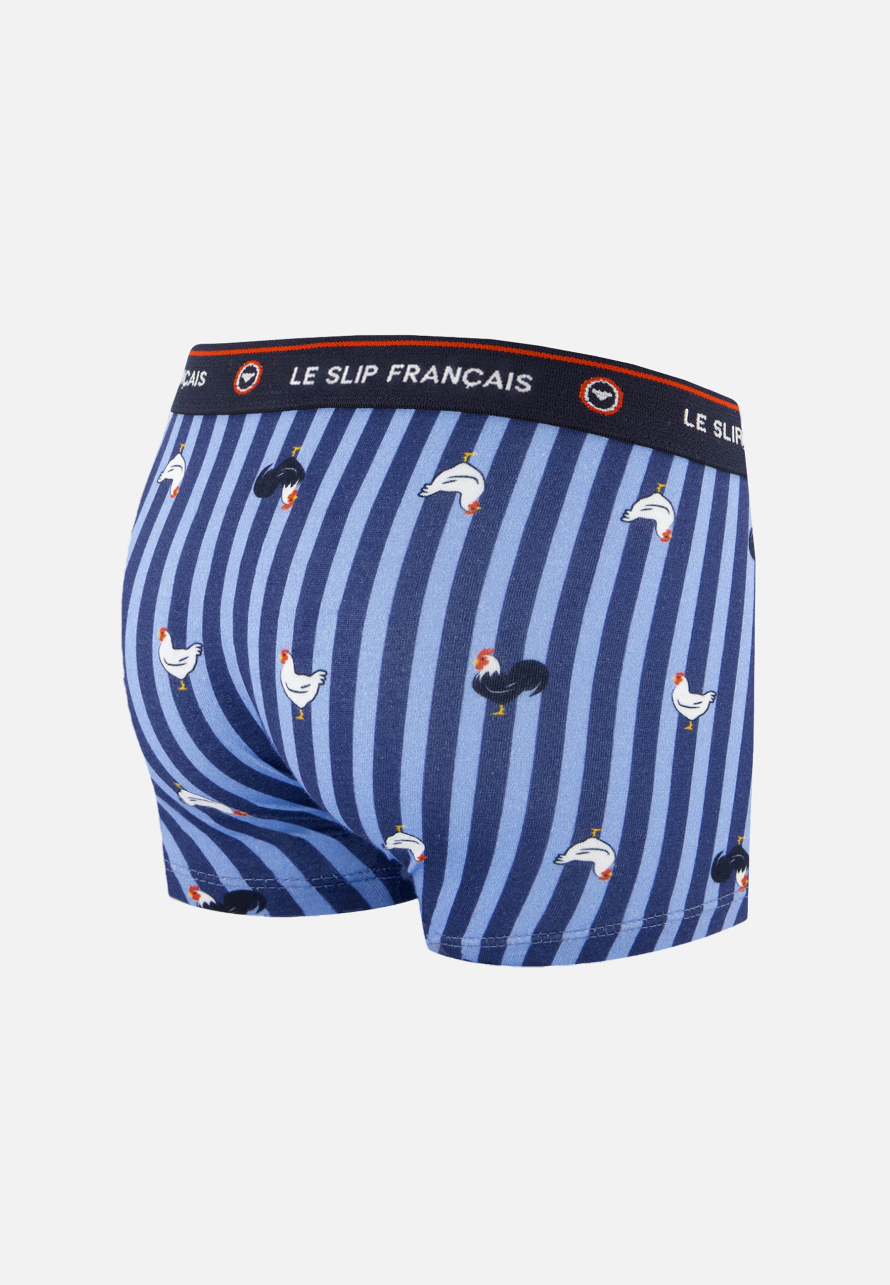 Boxer enfant à motif rayure coq bleu acier en coton - Petit Joseph Rayure Coq Bleu Acier