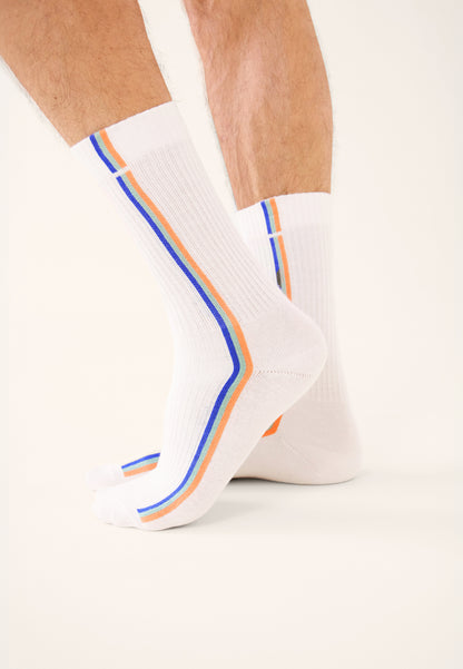 Chaussettes de sport mi-hautes rayées bleu, vert et orange - Wilfried Lignes Bleu Nautique Vert Azur Orange Corail