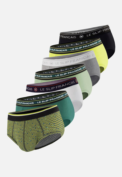 Lot de 7 slips en coton - Slips Noir Blanc Gris Chiné Chevron Jaune Anis Vert Forêt Vert Sauge