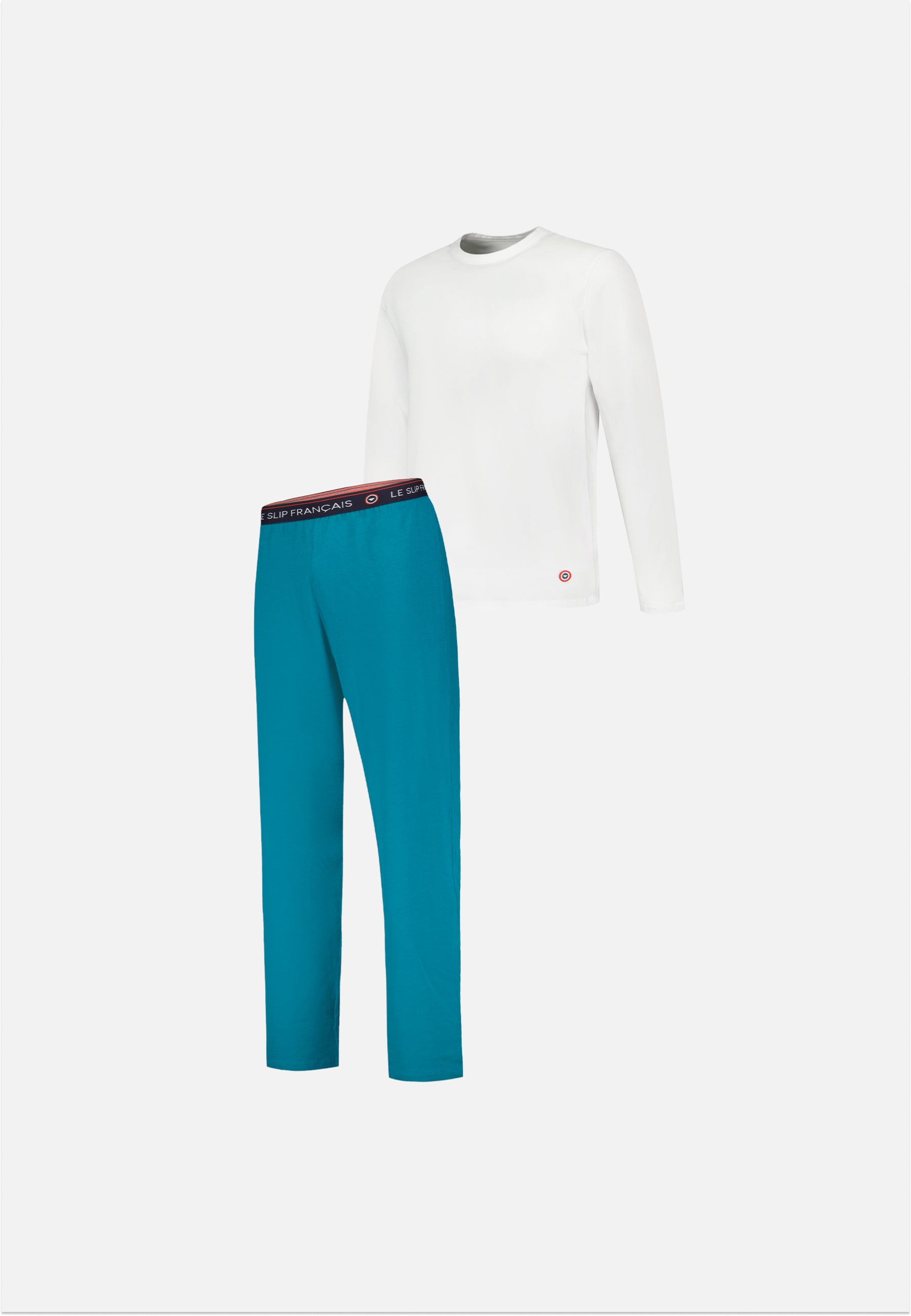 White top and blue cotton pants pajama set - Superb long sleeve pajamas in white and indomitable long pajama bottoms in topaz