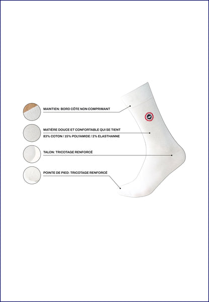 Chaussettes mi-hautes unies blanches - Robuste Blanc Brodé Porte Bonheur