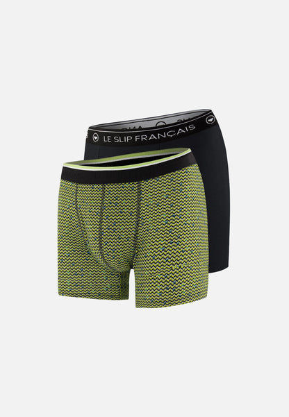 Lot de 2 boxers longs en coton - Boxers Chevron Jaune Anis Noir