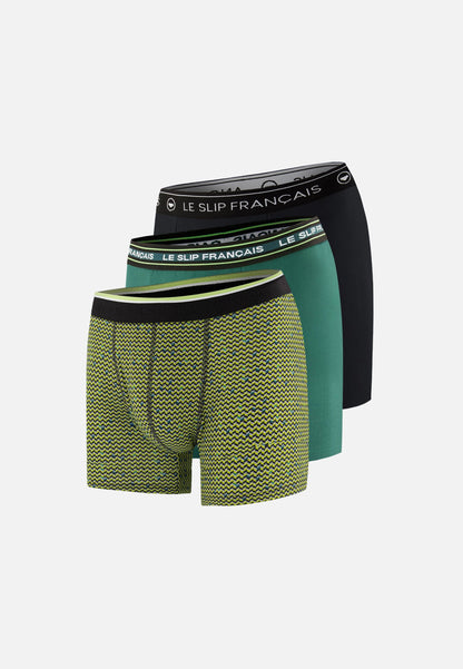 Lot de 3 boxers longs en coton - Boxers Chevron Jaune Anis Noir Vert Forêt