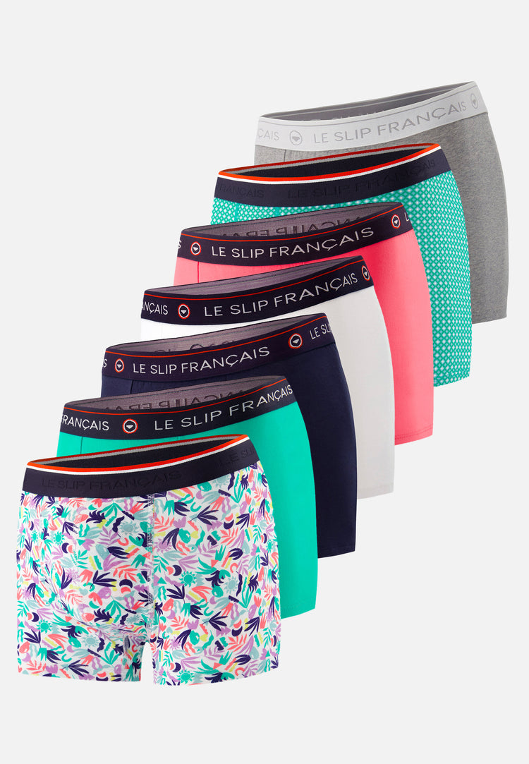 Pack Semainier Boxer Redoutable Neon Pink Marine Gris Chiné Blanc Mint Marius Little Jungle Viola Caviar Lagon - Le Slip Français - 1