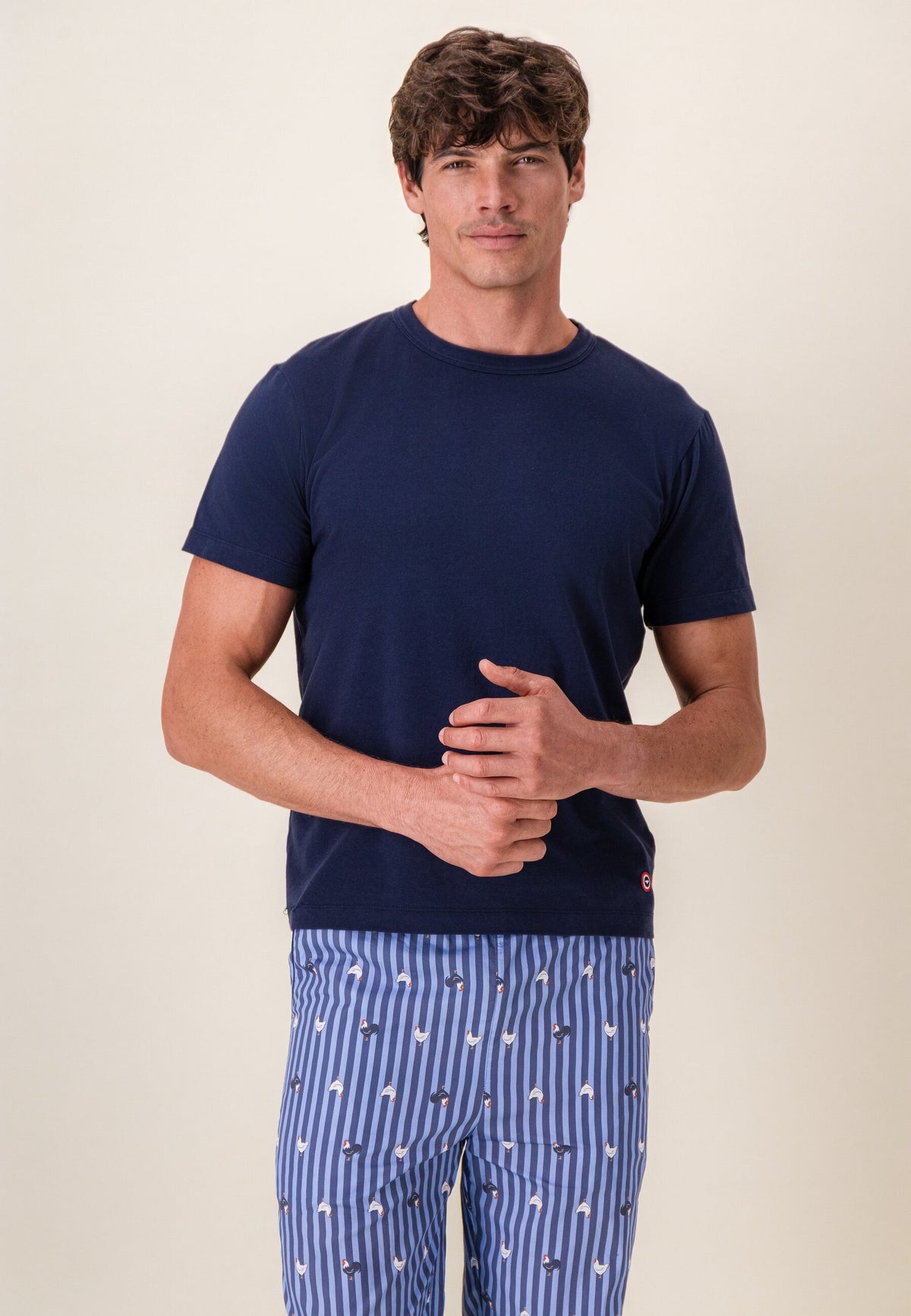 Ensemble pyjama haut et pantalon bleu en coton - Pyjama Haut Manches Courtes Formidable Et Bas De Pyjama Long Bastien Rayures Coq