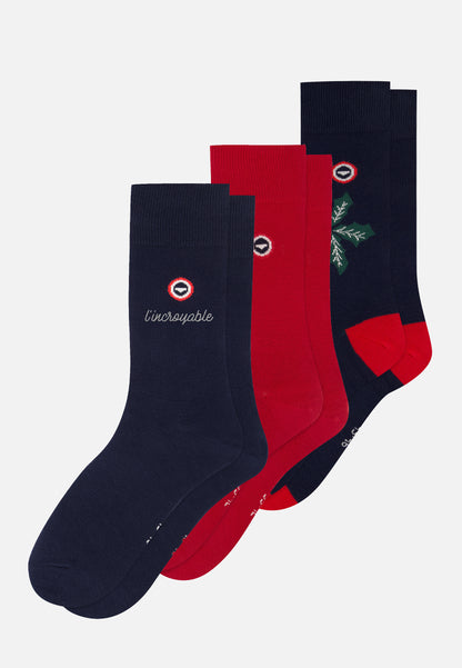 Lot de 3 chaussettes mi-hautes en coton - Chaussettes Marine L'Incroyable Houx Rouge Cerise