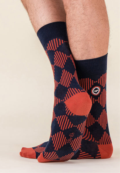 Lot de 3 chaussettes mi-haute en coton - Chaussettes Marine Rouge Brique Damier Rouge Brique Marine