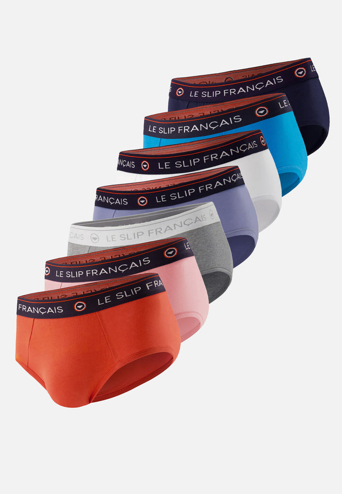 le slip français Sept slips en coton Pack Semainier Slip Intrépide Rose des Bois Marine Bleu Fluo Bleu Jean Gris Chiné Rouge Argile Blanc