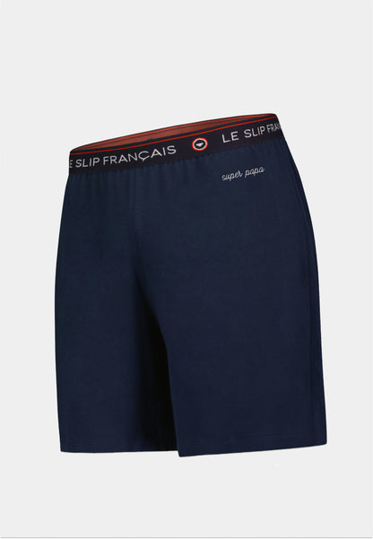 Bas de pyjama court bleu marine en coton - Invincible Marine Brodé Super Papa