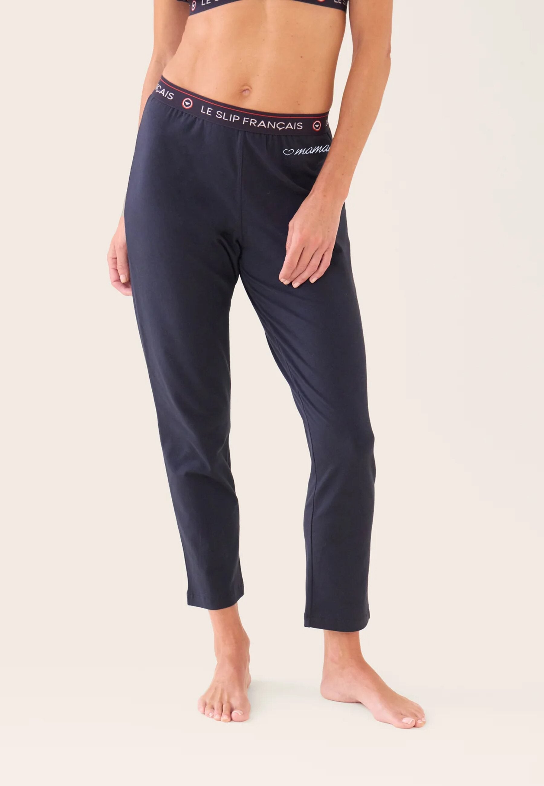 Bas de pyjama long femme bleu marine en coton - Vigoureuse Marine Brodé Cur Maman