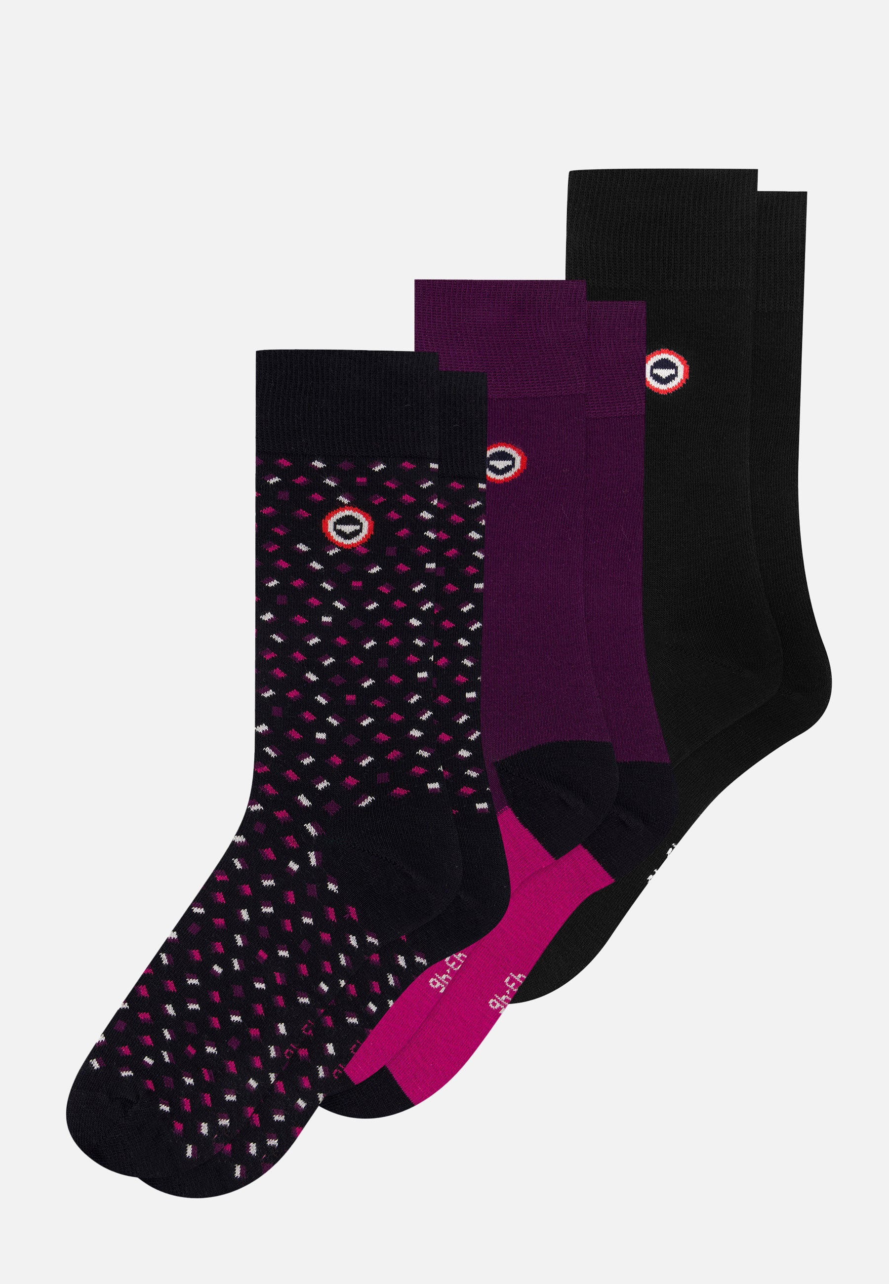 Pack of 3 mid-calf cotton socks - Black Small Square Half Block Plum Fuchsia Socks